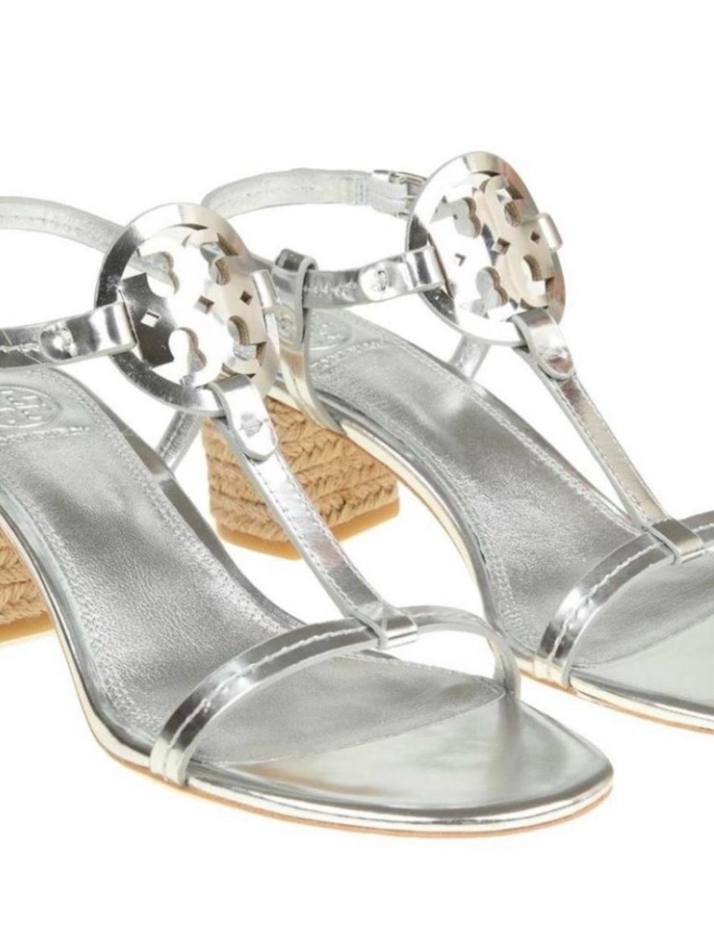 BRAND NEW! Tory Burch Silver Metallic T-Strap Espadrille Block Heel Sandals sz 8